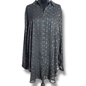Erin London Women's XL Black with Color Spot Pattern Sheer Oversize Button Down